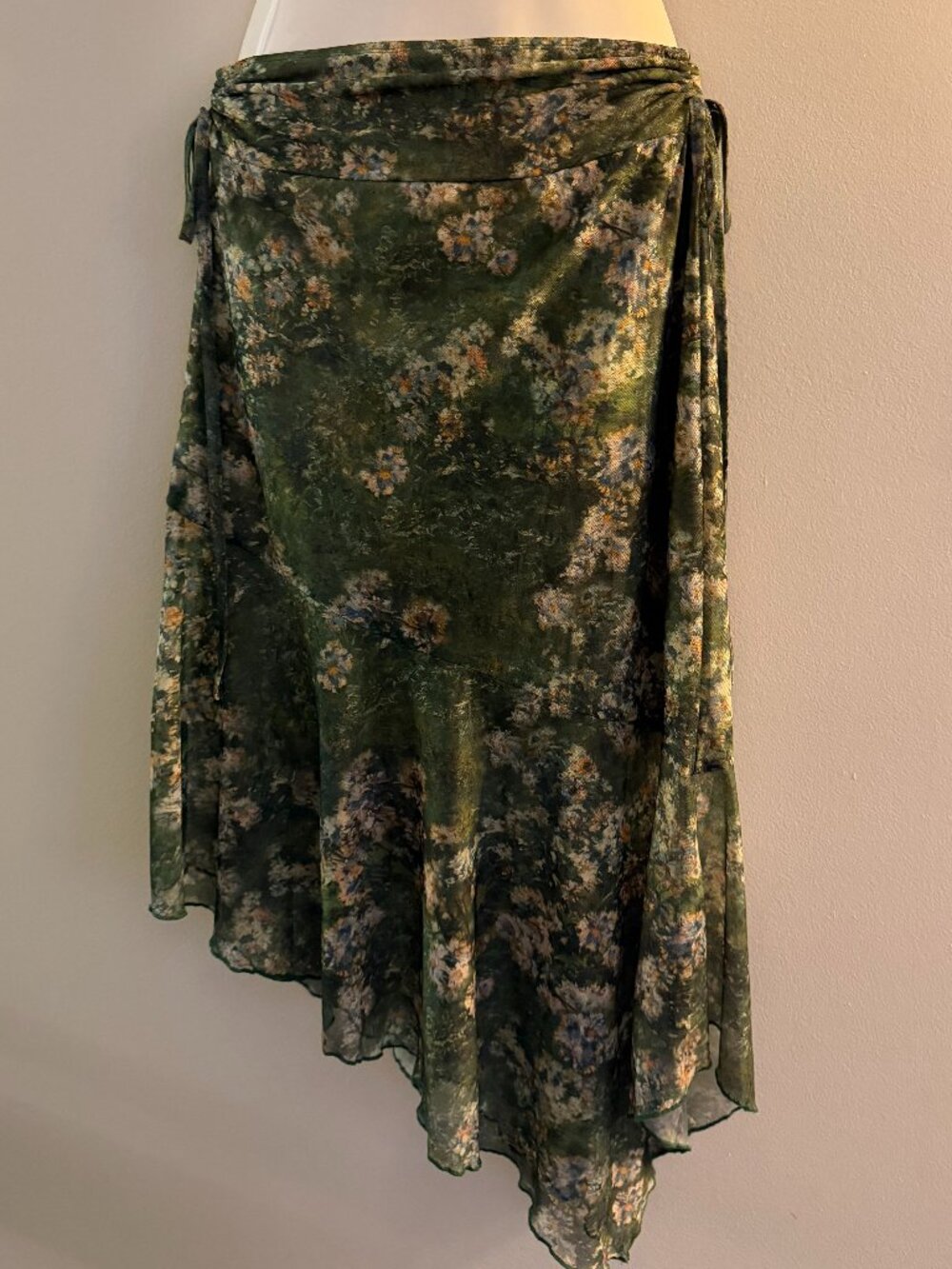 SHEIN Green Floral Mesh Asymmetrical Wrap Midi Skirt